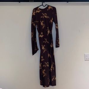 Brown floral maxi long sleeve satin dress